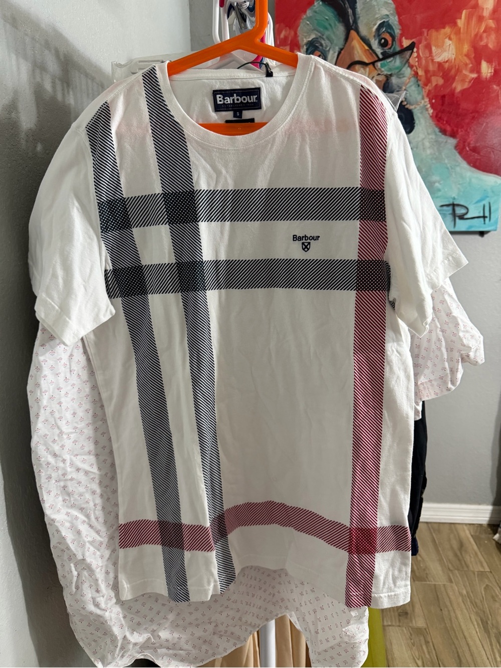 Barbour White Short Sleeve Tee with Navy and Burgundy Plaid